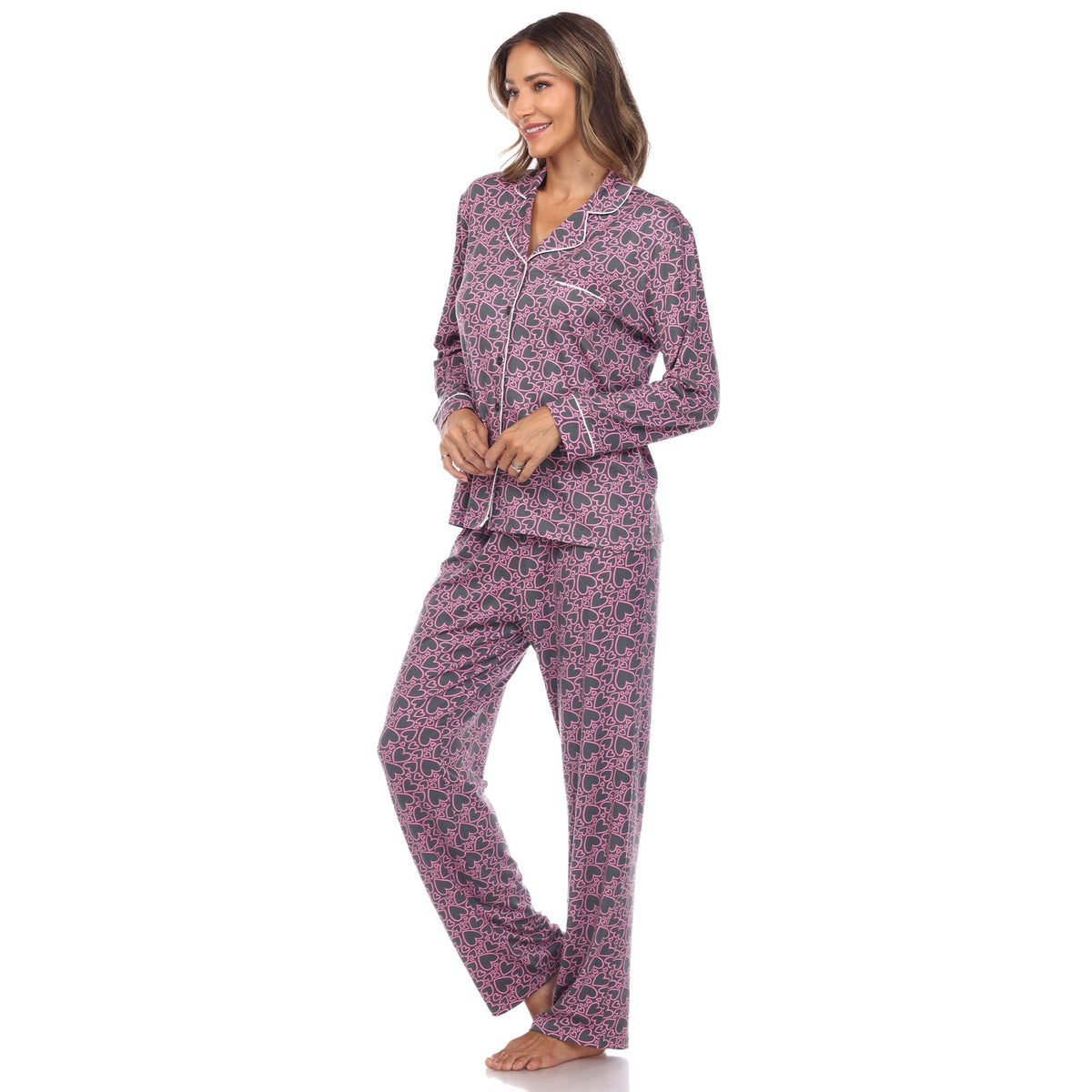  White Mark Women's Long Sleeve Heart Print Pajama Set - M - Bonton