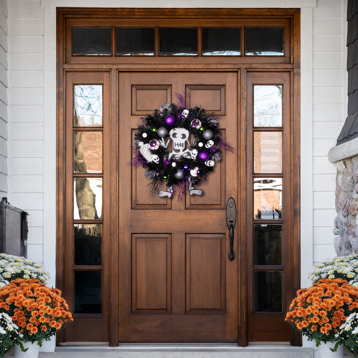  Northlight Purple and Black Spooky Skeleton Pine Halloween Wreath  24-Inch  Unlit - Default Title - Bonton