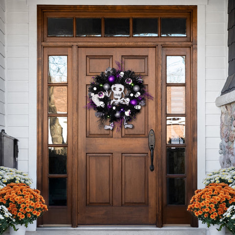 Purple and Black Spooky Skeleton Pine Halloween Wreath  24-Inch  Unlit