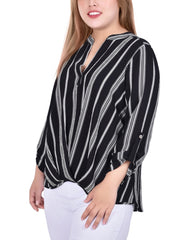 Plus Size 3/4 Sleeve Mandarin Collar Blouse With Front Pleats