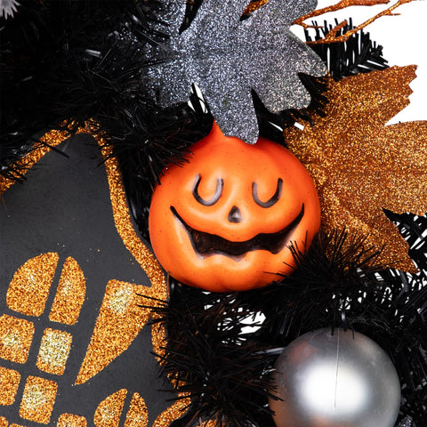 Orange and Black Haunted House Halloween Wreath  24-Inch  Unlit