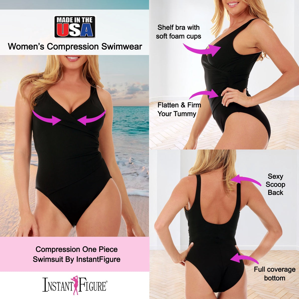  InstantFigure InstantFigure Wrap One Piece Swimsuit 13443P - Black - Bonton