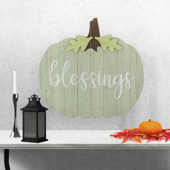 20" Green and Brown Blessings Pumpkin Wooden Thanksgiving Hanging Wall Sign