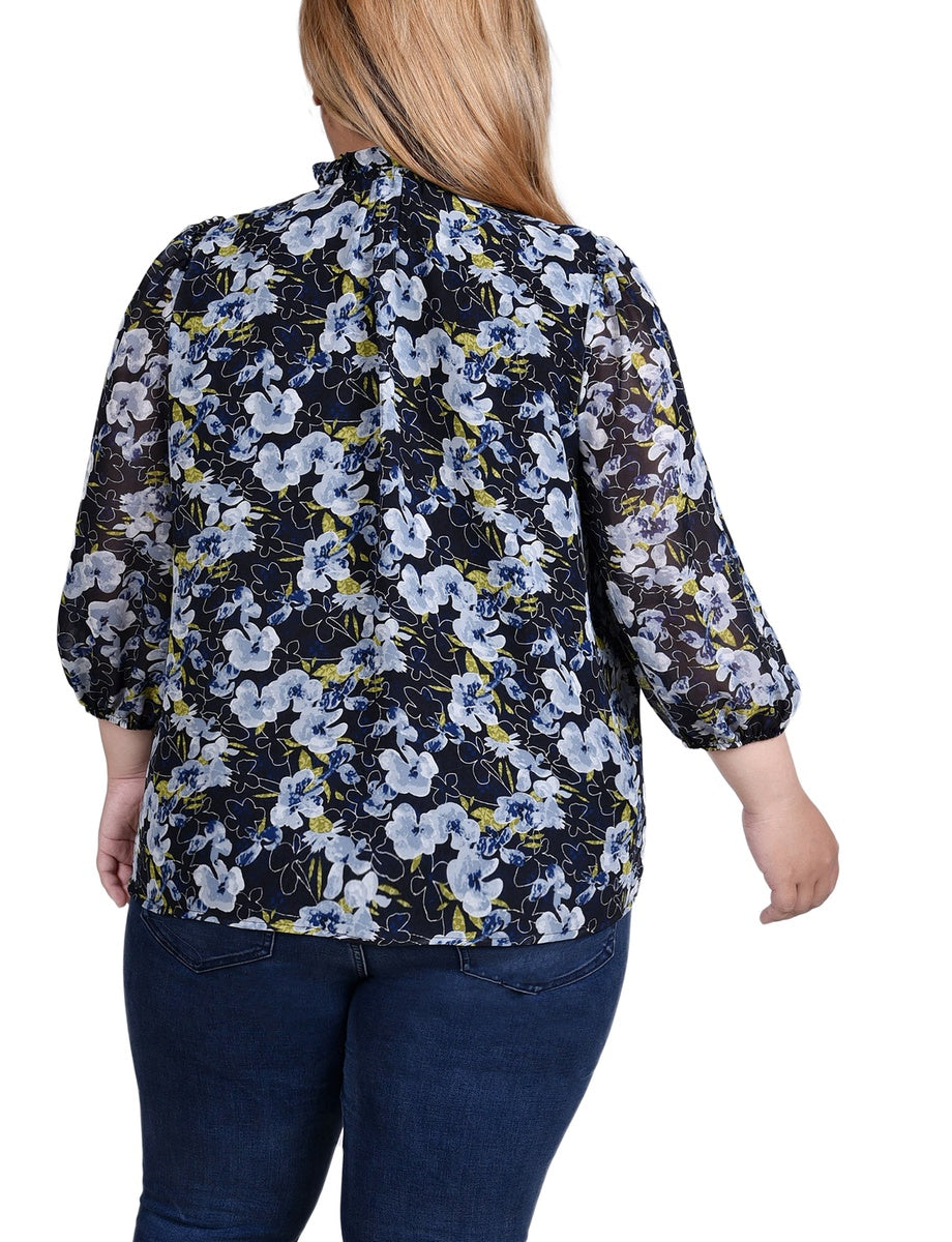  NY Collection Plus Size 3/4 Sleeve Chiffon Blouse - Black Lace Floral - Bonton