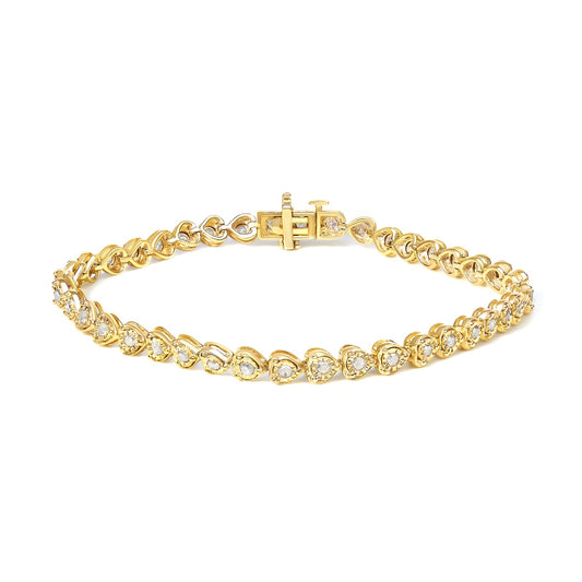 10K Yellow Gold Plated .925 Sterling Silver 1.0 Cttw Miracle Set Diamond Heart-Link 7" Tennis Bracelet (I-J Color, I2-I3 Clarity)