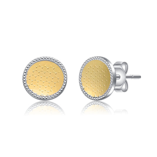 Two-Tone Round Milgrain Medallion Stud Earrings, White Gold Plated & 14K Gold Plated