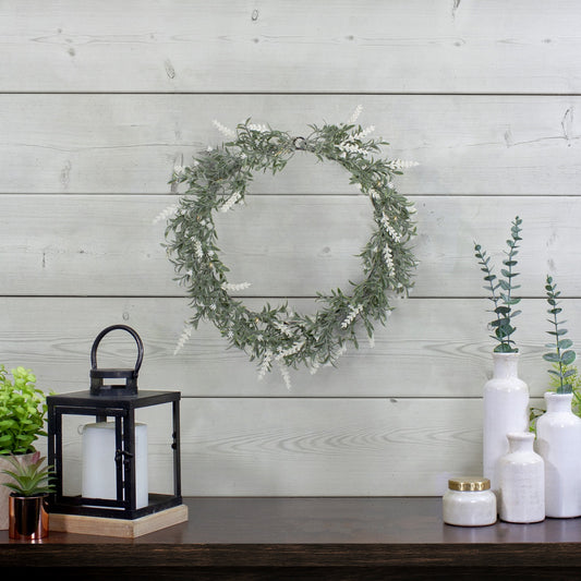 Pre-Lit Battery Operated White Lavender Spring Wreath - 16" - White LED Lights