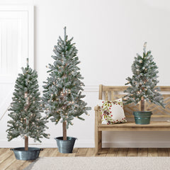 Pre-Lit Slim Flocked Alpine Artificial Christmas Trees - 5' - Clear Lights - Set of 3