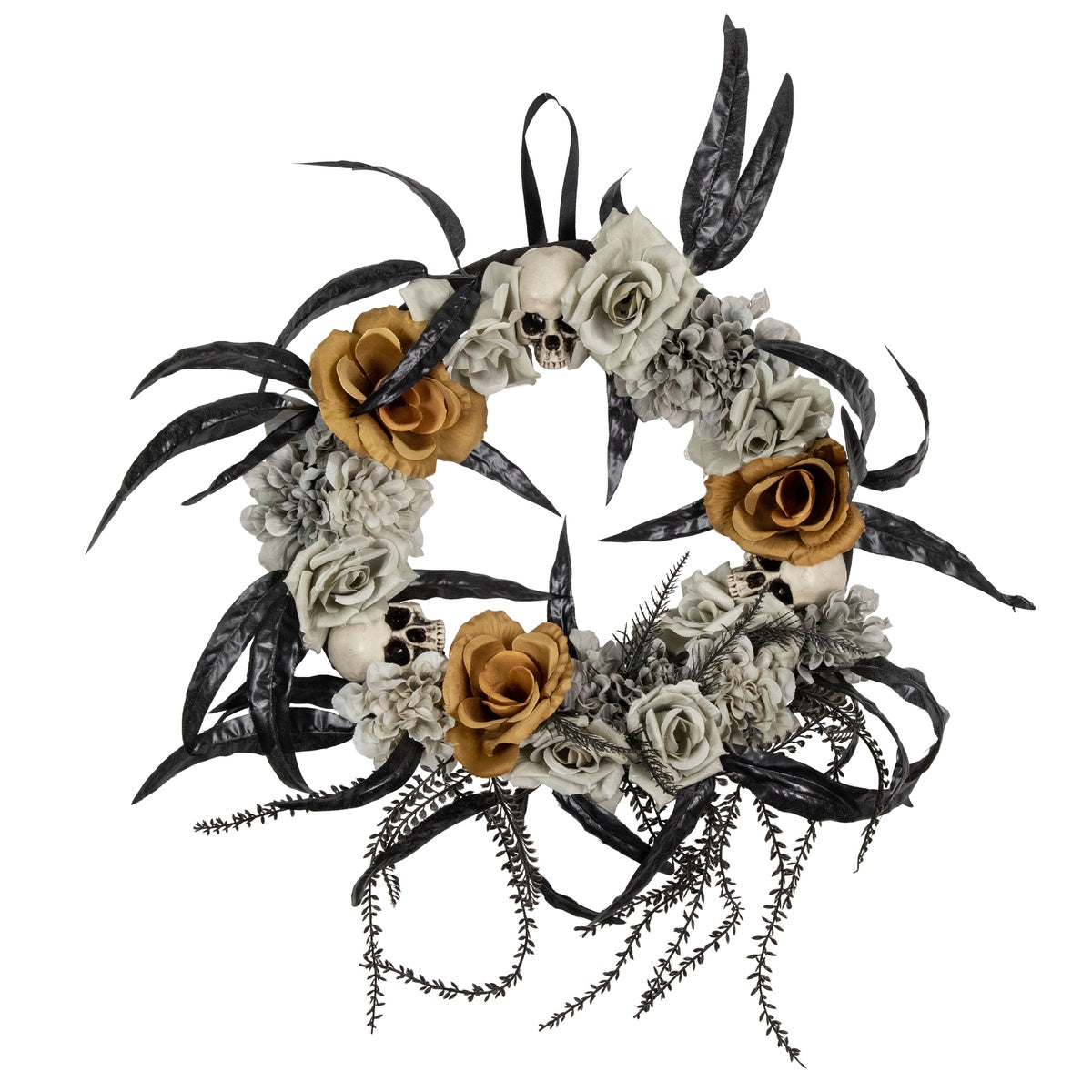  Northlight Skulls With Roses Halloween Foliage Wreath - 14