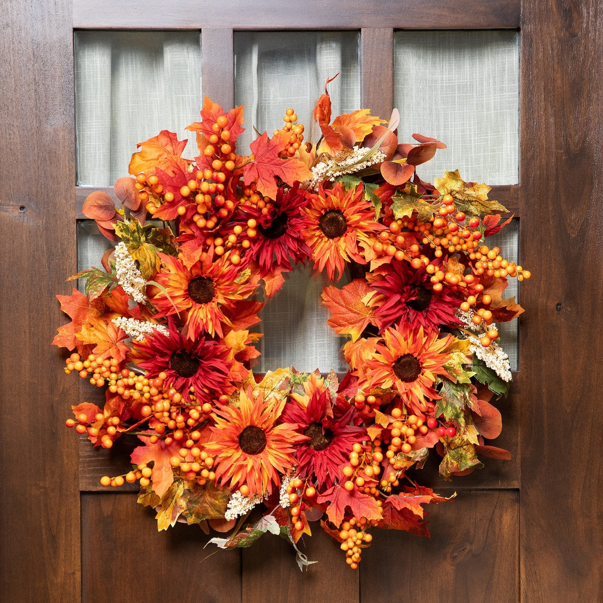 Northlight Leaves and Flowers Fall Harvest Wreath - 24-Inch  Unlit - Default Title - Bonton