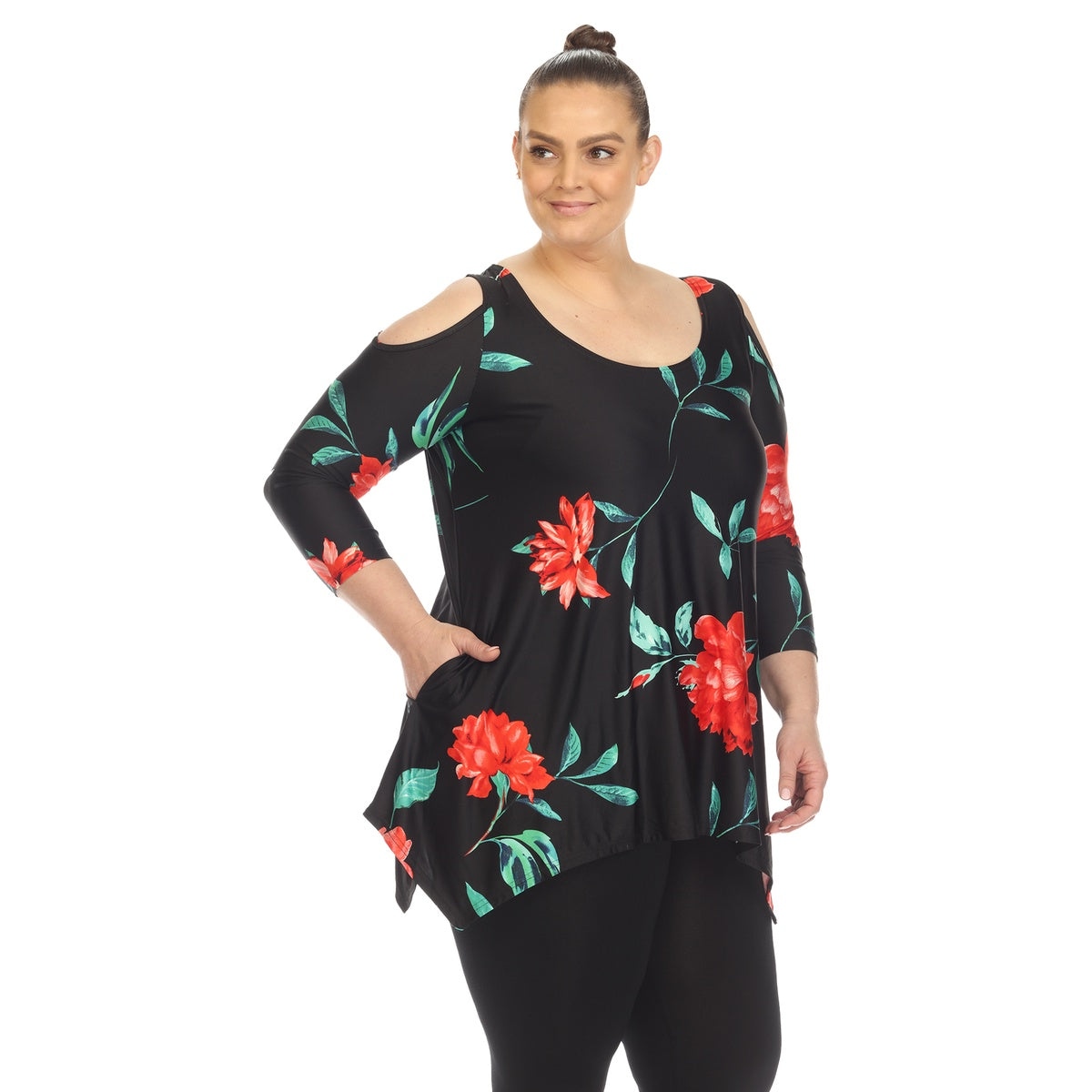  White Mark Plus Size Floral Printed Cold Shoulder Tunic - 1X - Bonton