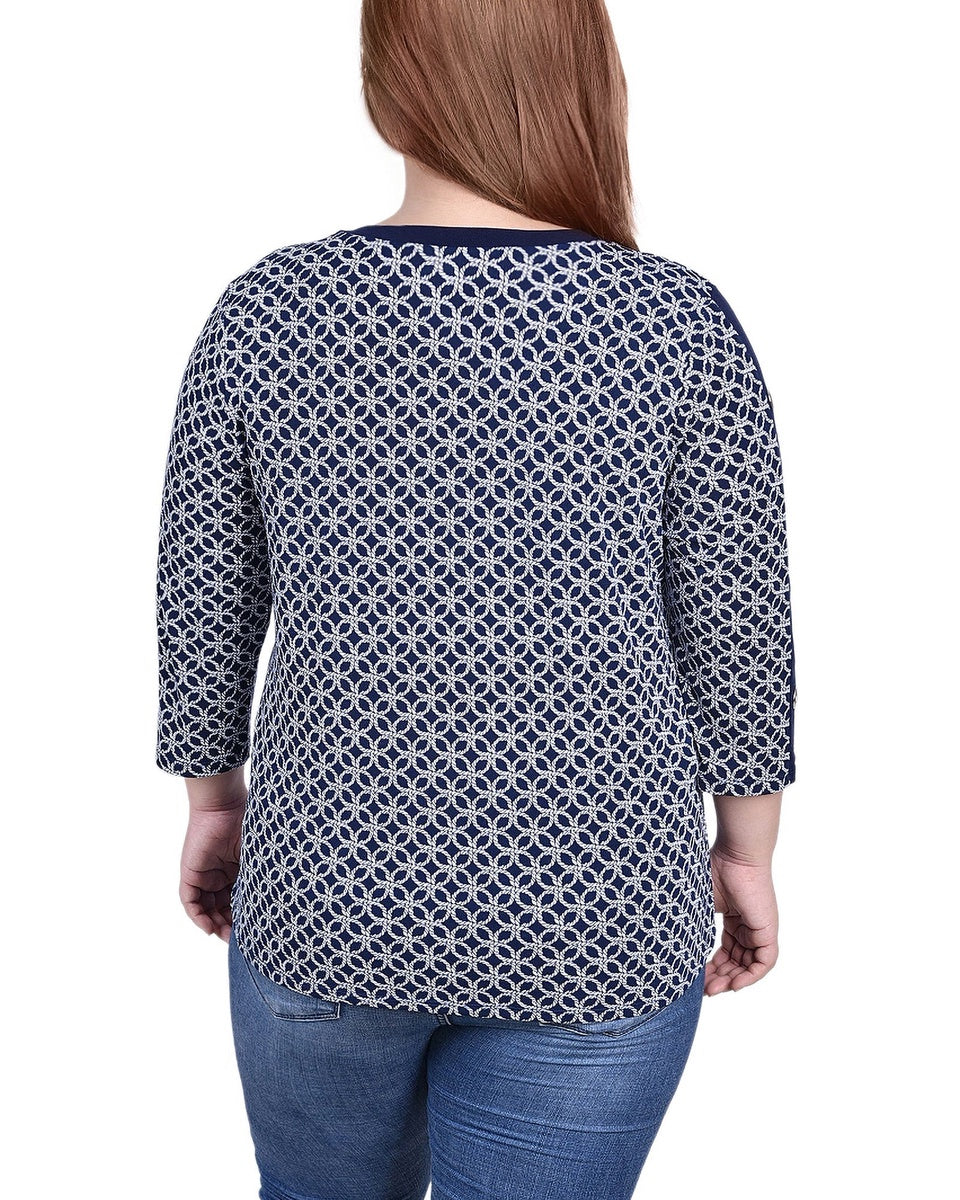  NY Collection Plus Size 3/4 Sleeve Top With Combo Bands and Grommets - Doeskin Quatrefoil - Bonton