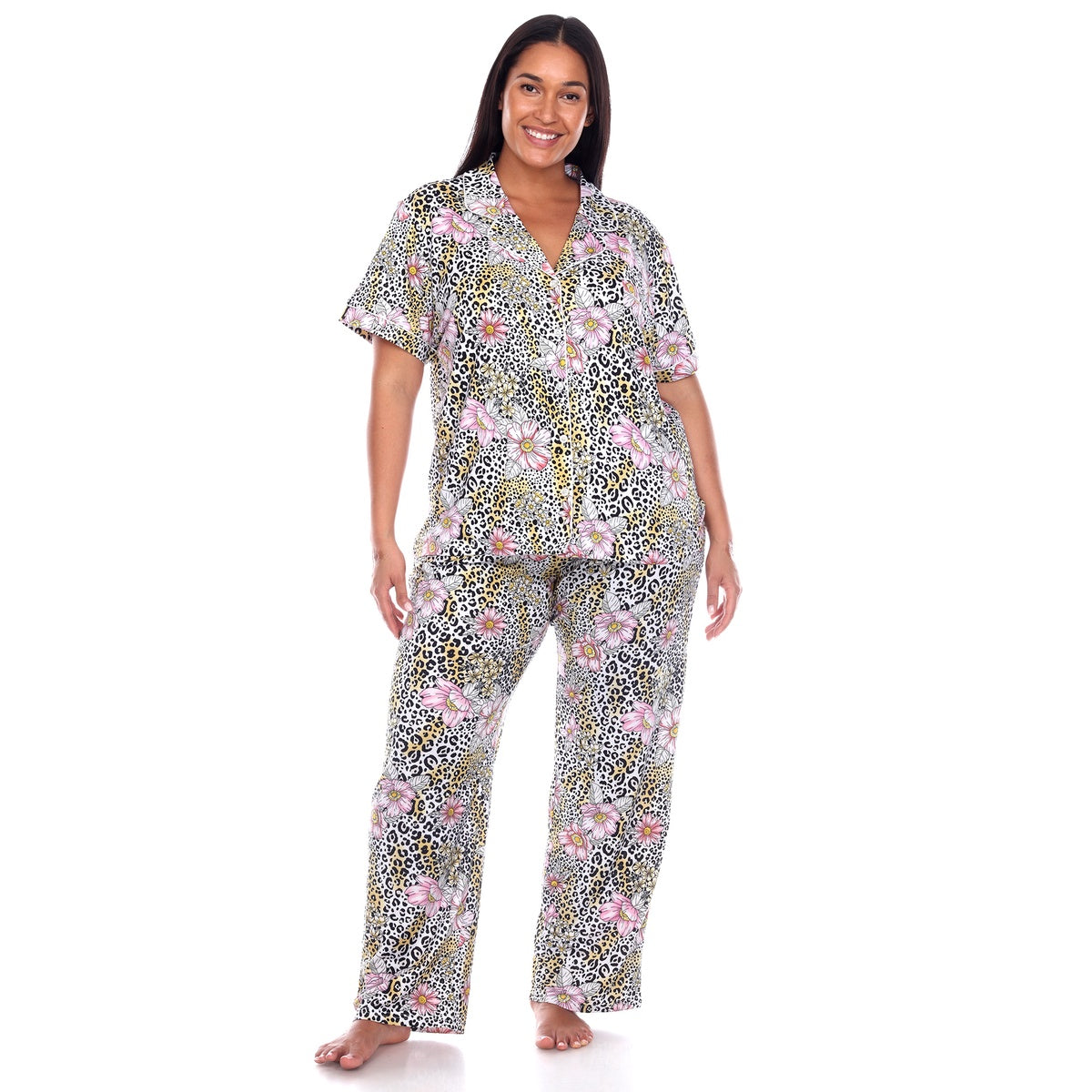  White Mark Plus Size Short Sleeve & Pants Tropical Pajama Set - 1X - Bonton