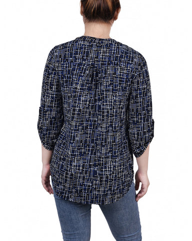 Petite 3/4 Roll Tab Sleeve Y Neck Top