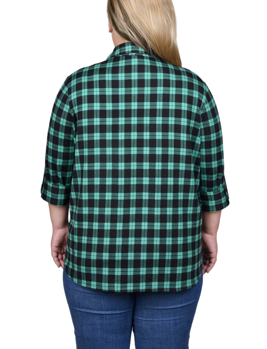  NY Collection Plus Size Long Sleeve Button Front Tunic Top - Green Black Plaid - Bonton