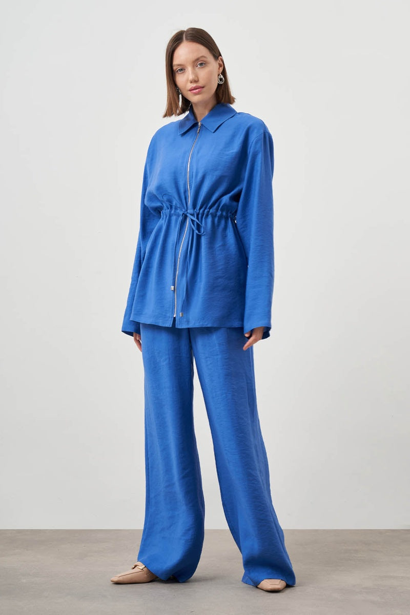  Mizalle Mizalle-Cinched Waist Shirt Jacket-Blue - Blue - Bonton