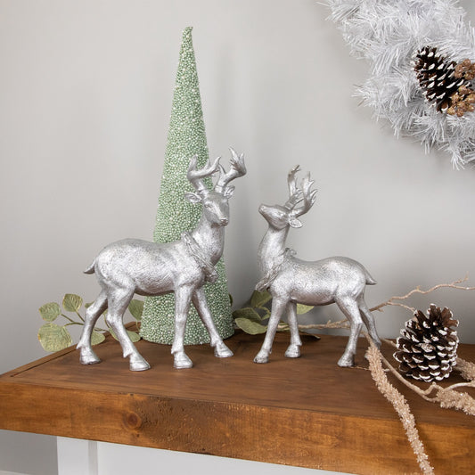 Standing Glitter Reindeer Christmas Decoration - 10.75" - Silver Finish