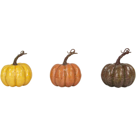 Crackle Finish Fall Harvest Pumpkins - 4" - Orange  Yellow and Brown - Set of 3