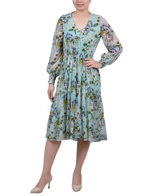 Long Sleeve Clip Dot Chiffon Dress With Smocked Waist and Cuffs