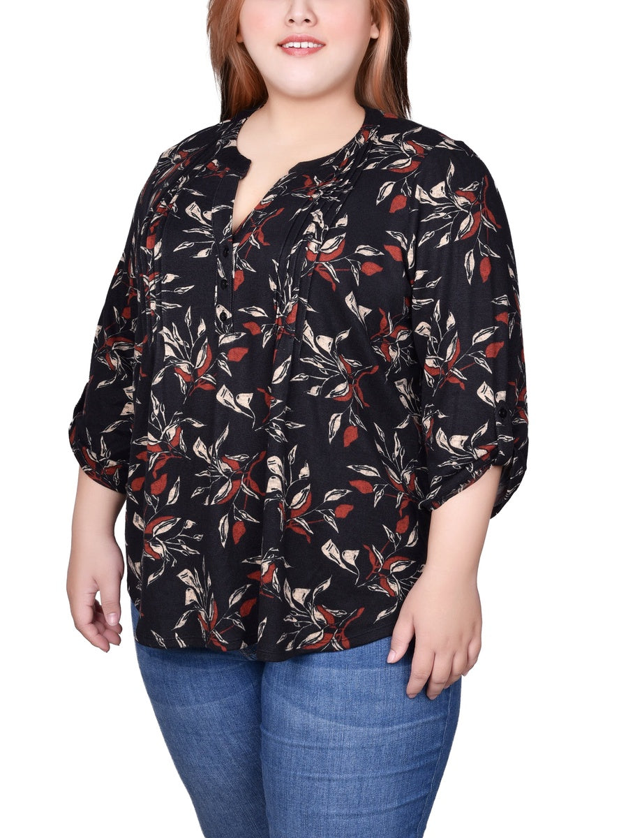  NY Collection Plus Size 3/4 Roll Sleeve Top - Black Grey Animal - Bonton