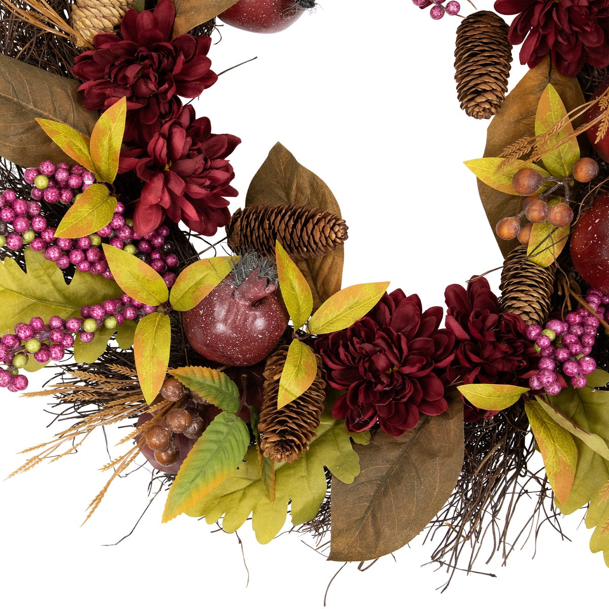  Northlight Mums and Pomegranates Artificial Fall Harvest Twig Wreath  24-Inch - Default Title - Bonton