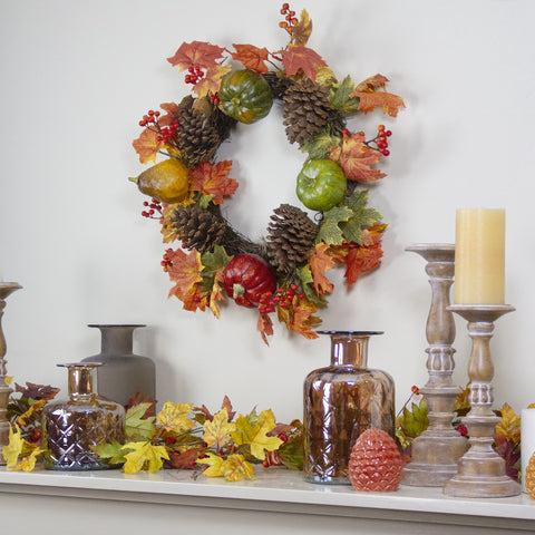 Leaves  Pine Cones and Pumpkins Artificial Fall Harvest Wreath - 20-Inch  Unlit