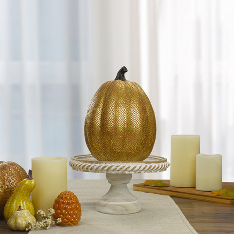 9.75" Gold and Orange Greek Key Textured Autumn Pumpkin Tabletop Decoration