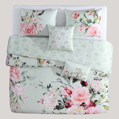 Rose on Misty Green 100% Cotton 5-Piece Reversible Comforter Set