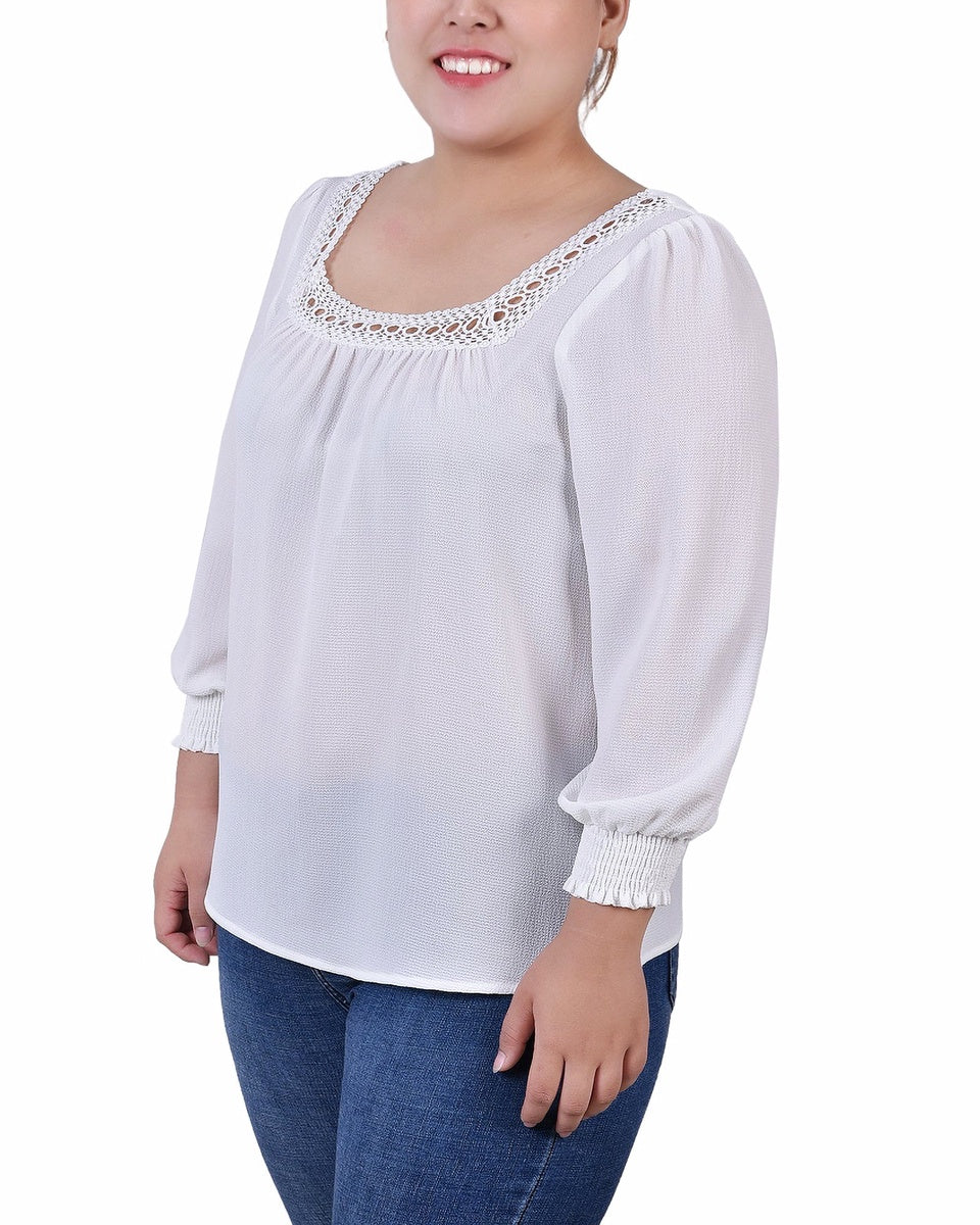  NY Collection Plus Size 3/4 Sleeve Square Neck Blouse - Ivory - Bonton