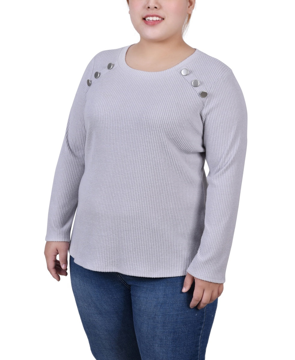  NY Collection Plus Size Long Sleeve Ribbed Button Detail Top - Ivory - Bonton