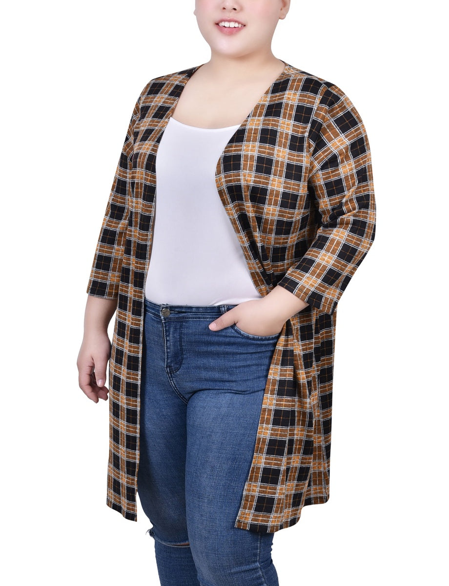  NY Collection Plus Size 3/4 Sleeve Knit Cardigan - Black White Plaid - Bonton