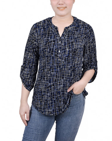 Petite 3/4 Roll Tab Sleeve Y Neck Top