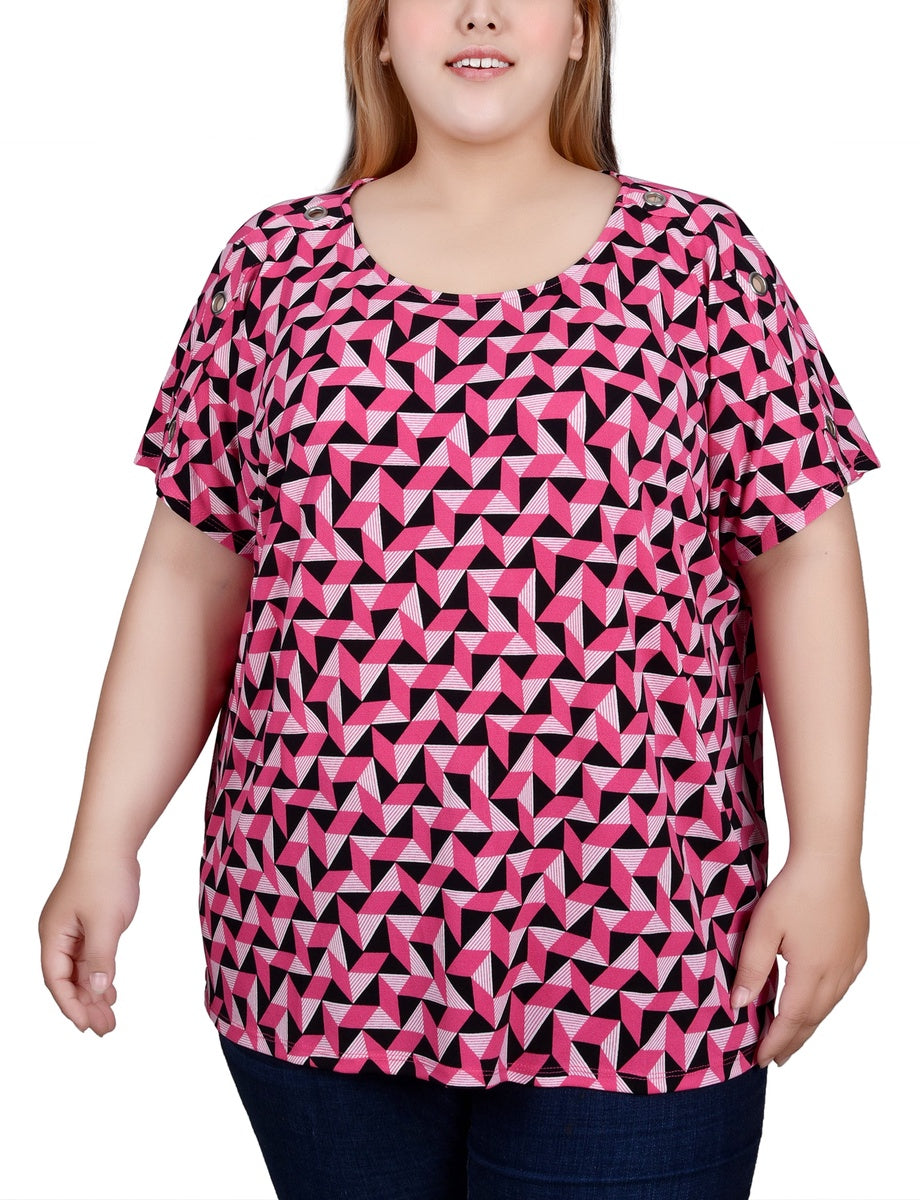  NY Collection Plus Size Short Sleeve Extended Sleeve Tunic Top - Black White Brush - Bonton