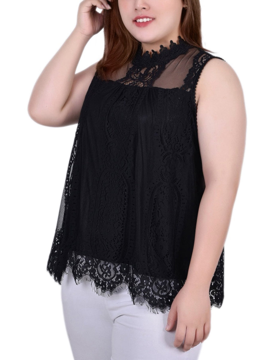  NY Collection Plus Size Sleeveless Mock Neck Lace Top - Black Nude - Bonton