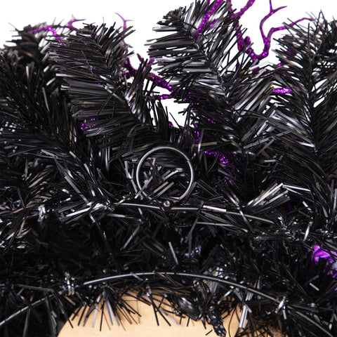 Purple and Black Spooky Skeleton Pine Halloween Wreath  24-Inch  Unlit