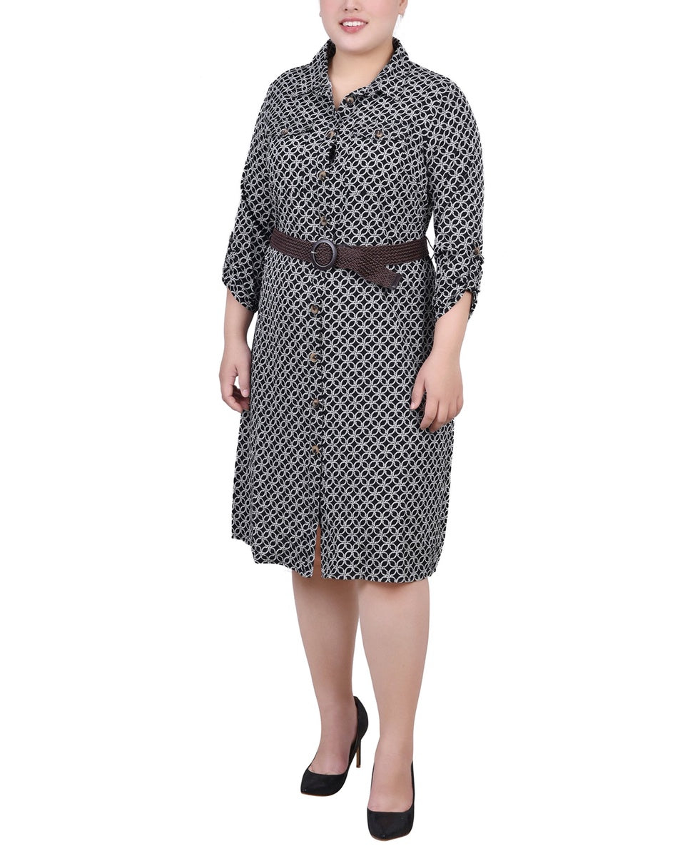  NY Collection Plus Size 3/4 Roll Tab Sleeve Shirtdress - Doeskin Black Allie - Bonton