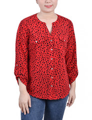 Petite 3/4 Sleeve Roll Tab Y Neck Blouse
