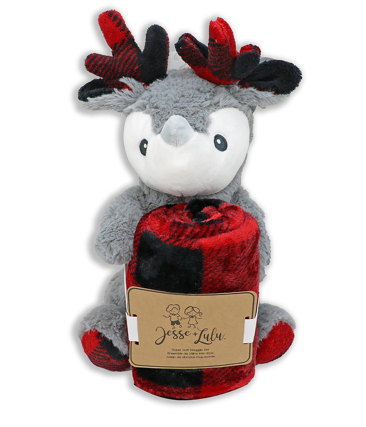 Check Blanket with Reindeer Plush Toy Red and Black