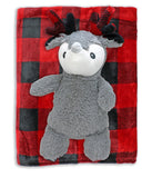 Check Blanket with Reindeer Plush Toy Red and Black