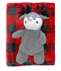 Check Blanket with Reindeer Plush Toy Red and Black