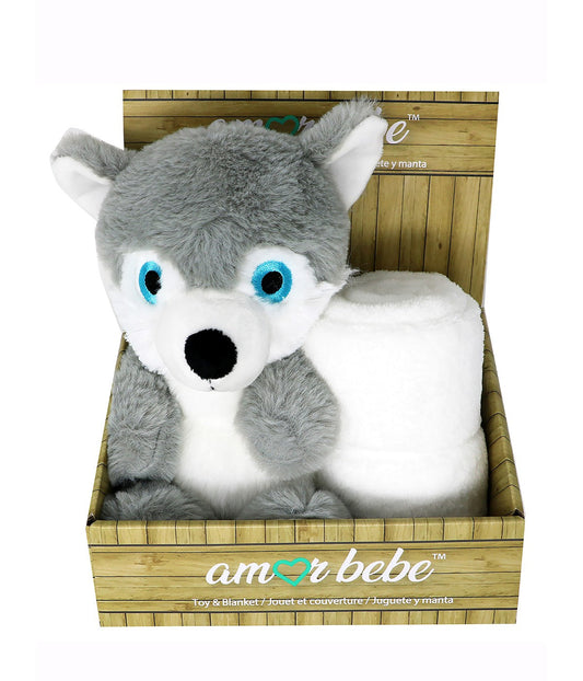 Boys and Girls Plush 2 Piece Set Animal with Blanket Gray Wolf