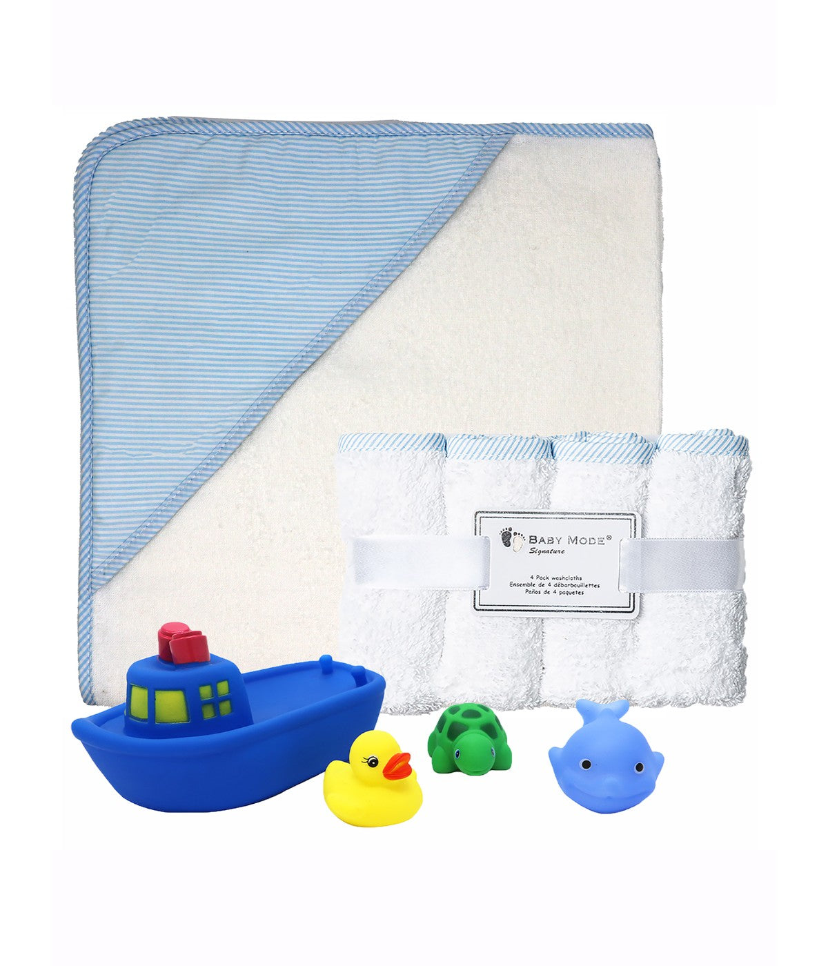 Baby Boys and Baby Girls Bath Towel and Washcloth Set with Bath Toys Blue