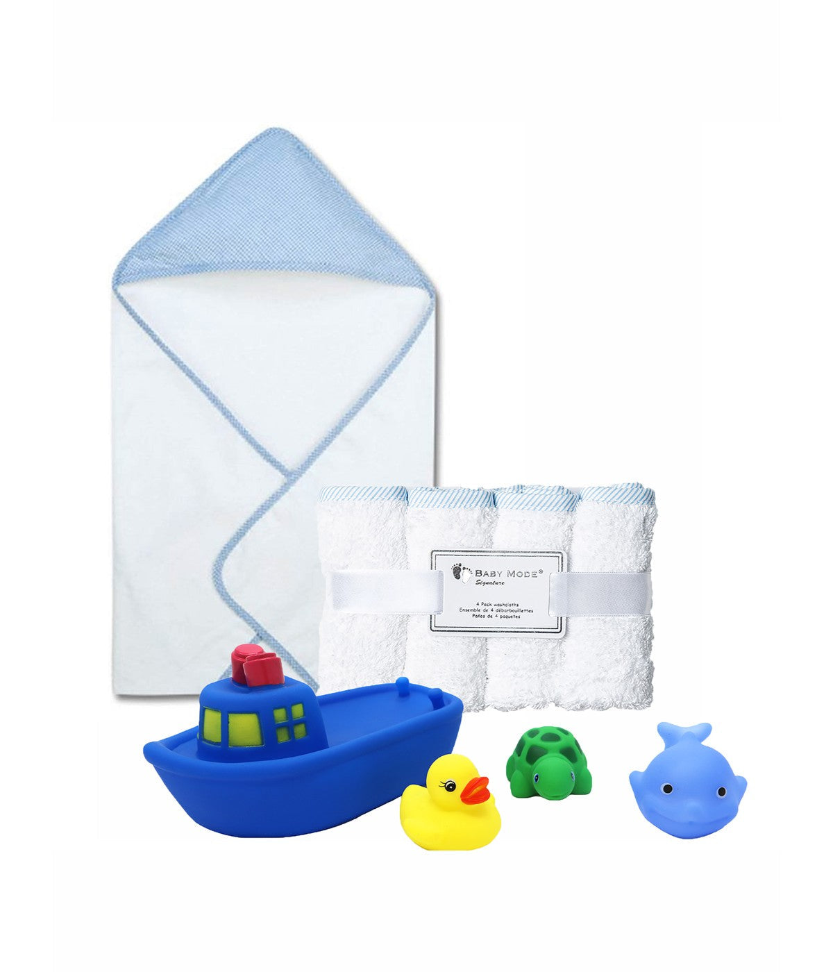 Baby Boys and Baby Girls Bath Towel and Washcloth Set with Bath Toys Blue