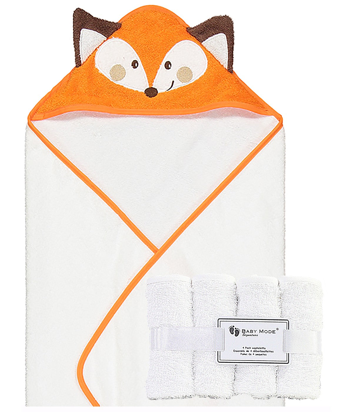  Jesse & Lulu Baby Boys and Baby Girls Hooded Character Bath Towel with 4 Wash Cloths Orange - Orange - Bonton