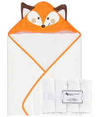 Baby Boys and Baby Girls Hooded Character Bath Towel with 4 Wash Cloths Orange