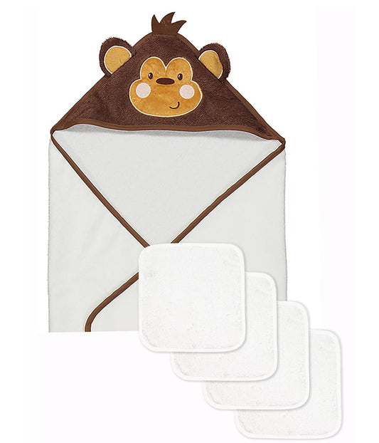 Baby Boys and Baby Girls Hooded Character Bath Towel with 4 Wash Cloths Brown