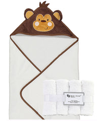 Baby Boys and Baby Girls Hooded Character Bath Towel with 4 Wash Cloths Brown