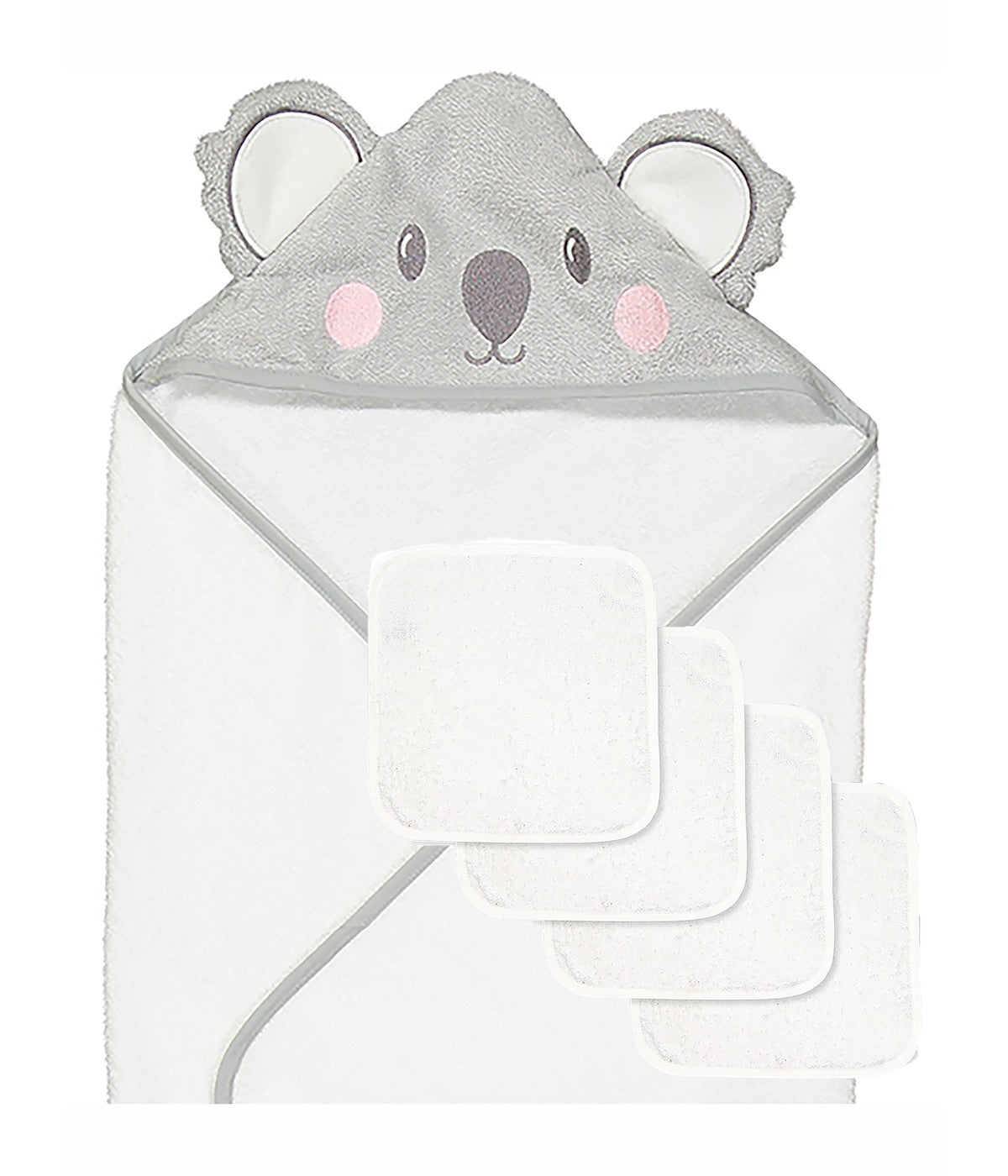 Baby Boys and Baby Girls Hooded Character Bath Towel with 4 Wash Cloths Gray