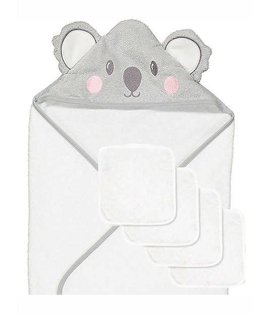 Baby Boys and Baby Girls Hooded Character Bath Towel with 4 Wash Cloths Gray