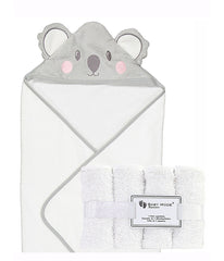 Baby Boys and Baby Girls Hooded Character Bath Towel with 4 Wash Cloths Gray